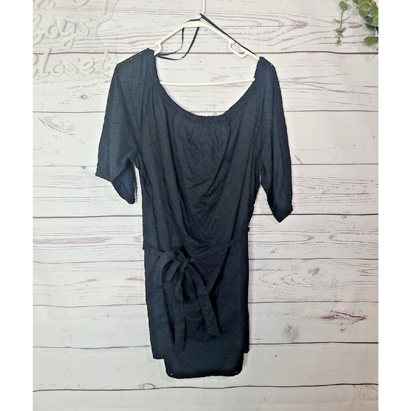 NWT Old Navy Black Off The Shoulder Eyelet Tie Waist Dress Womans Size XL - Picture 1 of 6